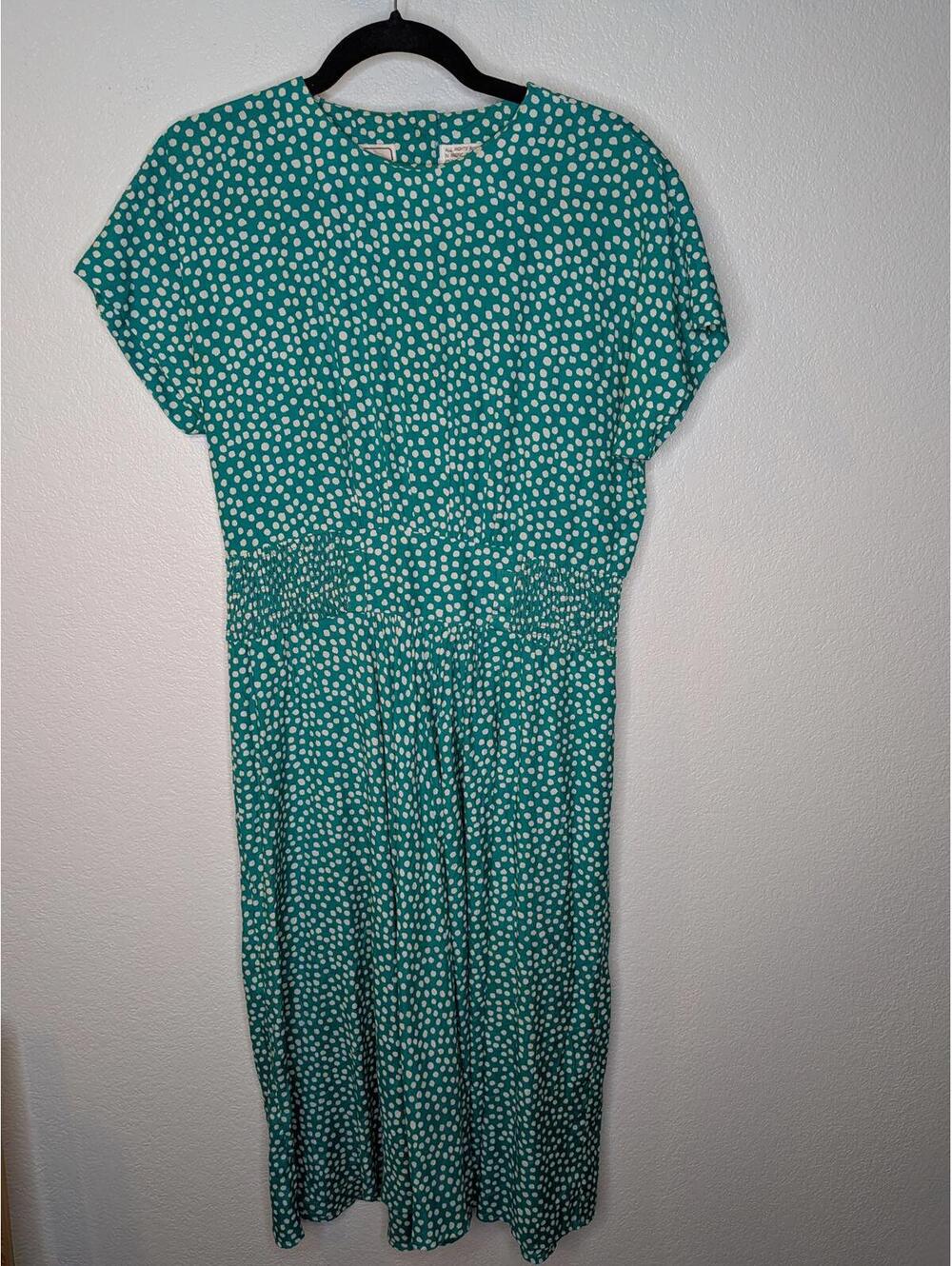Vintage Karin Stevens Green Polka Dot Dress Elastic Waist Size 6